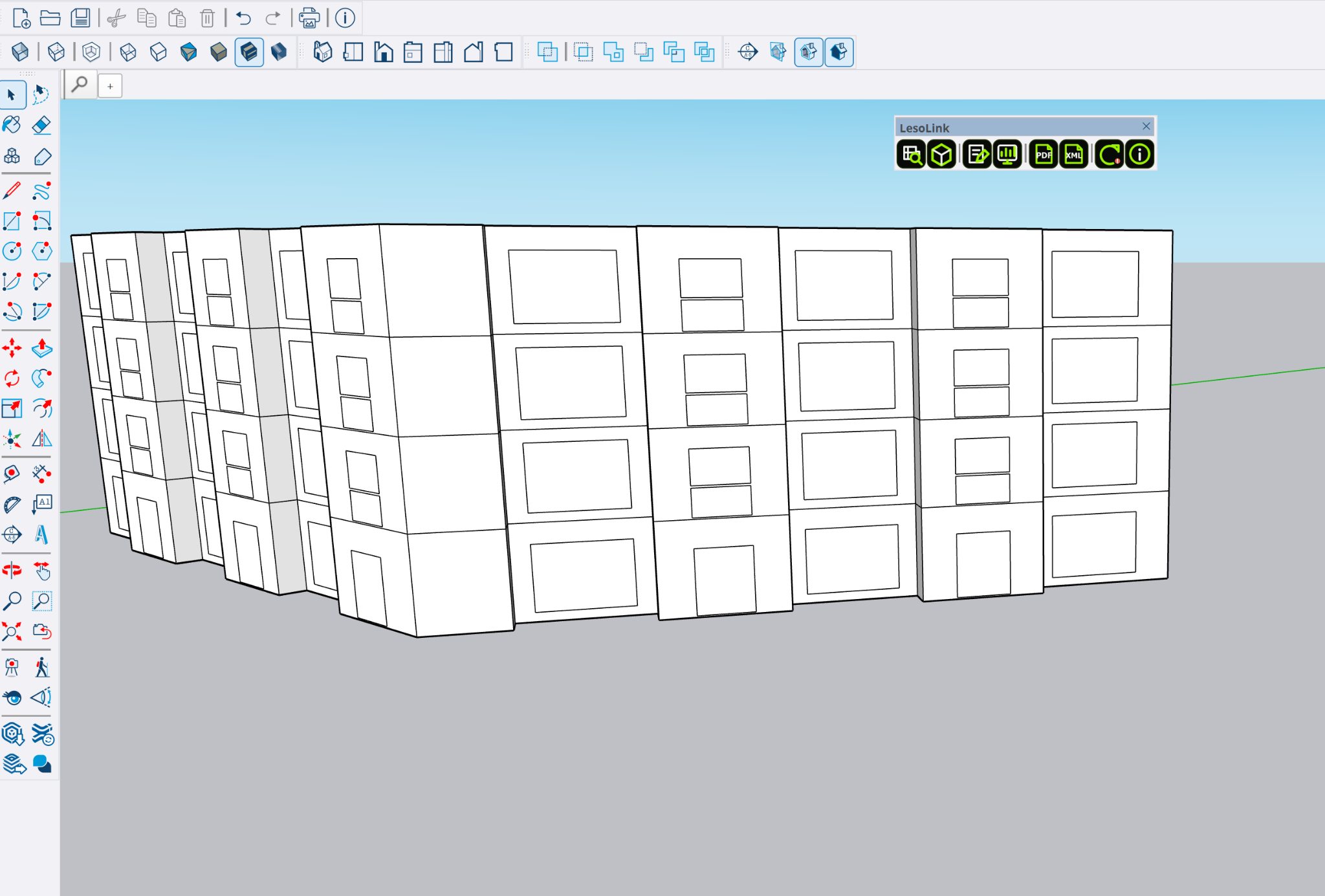 Modèle de bâtiment dans SketchUp avec la barre d’outils LesoLink.