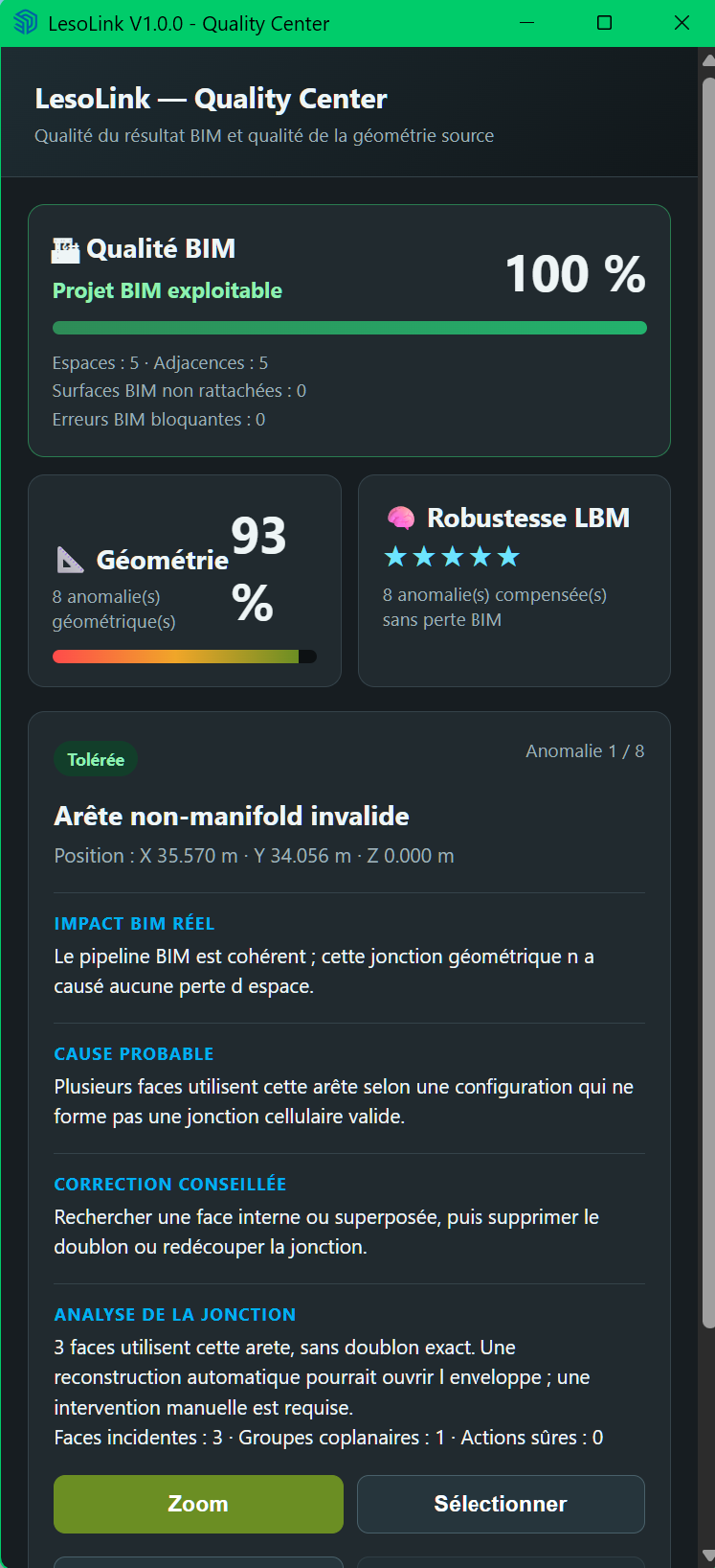 Quality Center LesoLink avec score BIM, géométrie et diagnostic des anomalies.