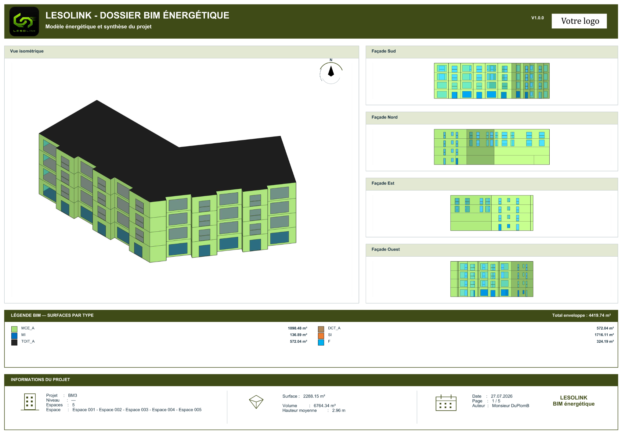 Page de dossier BIM énergétique avec vue isométrique, façades, légende et informations projet.